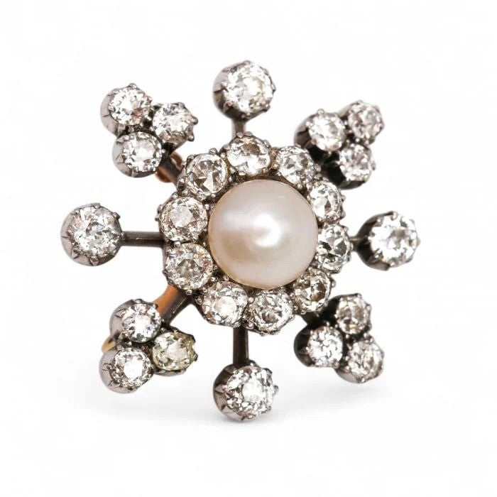 Victorian Antique Natural Pearl and Diamond Snowflake Cluster Pendant Brooch