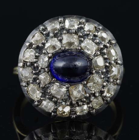 Antique Georgian 2ct Sugarloaf Cabochon Sapphire and 2.40ct Old Cut Diamond Double Cluster Ring. Late 18th century Circa 1790