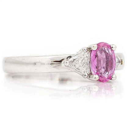 0.84ct Pink Sapphire and Trilliant Diamond Three Stone Ring