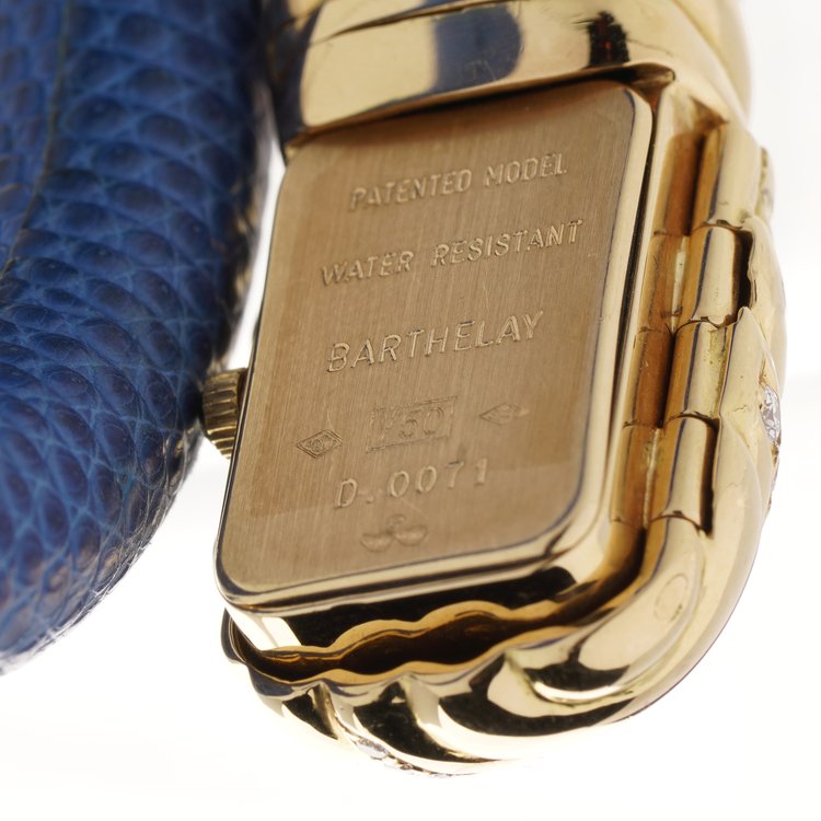 Alexis Barthelay 18ct Yellow Gold, Diamond and Blue Leather Snake Bracelet Watch