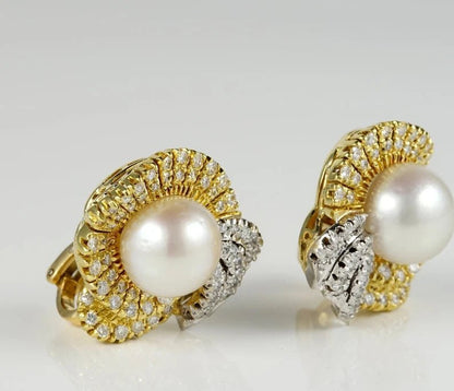 Vintage South Sea Pearl and Diamond Bow Cluster Earrings, 2.40 carats