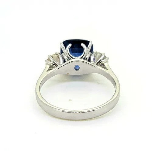 3.53ct Cushion Cut Sapphire and Diamond Three Stone Engagement Ring