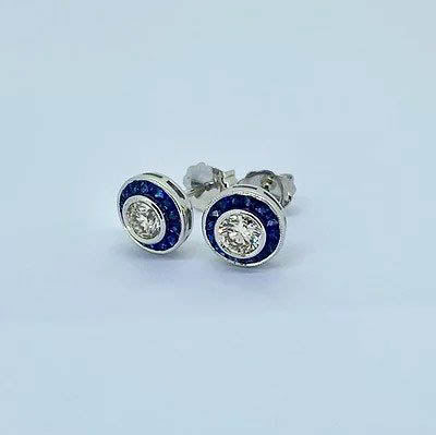 0.61ct Diamond and Calibre Sapphire Target Cluster Stud Earrings