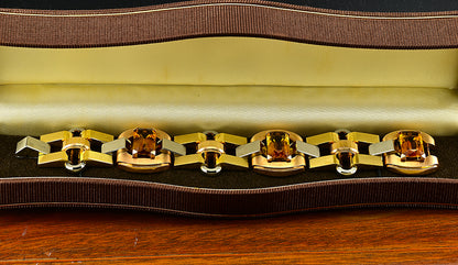 Late Art Deco Italian 23.70ct Citrine and Tri Gold Tank Bracelet by Illario, Circa 1930