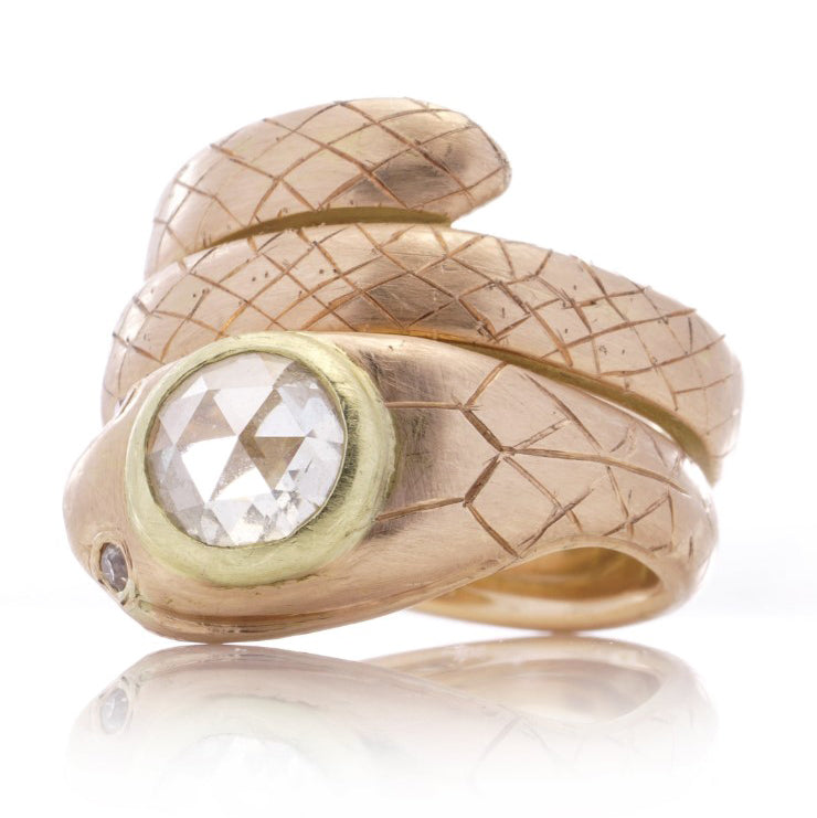 Antique 18ct Yellow Gold Coiled Snake Ring with 1.90ct Rose Cut Diamond
