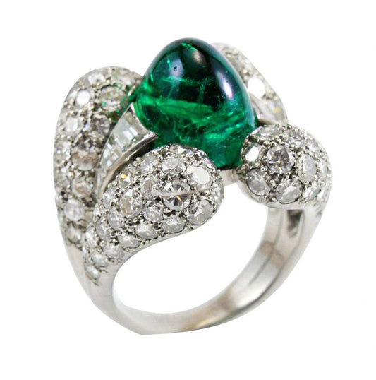 Vintage 1940s Retro 9ct Sugarloaf Cabochon Colombian Emerald and Diamond Dress Ring