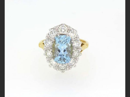 Aquamarine and Diamond Cluster Ring, 5.80 carat total, Yellow Gold