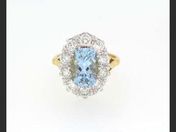 Aquamarine and Diamond Cluster Ring, 5.80 carat total, Yellow Gold