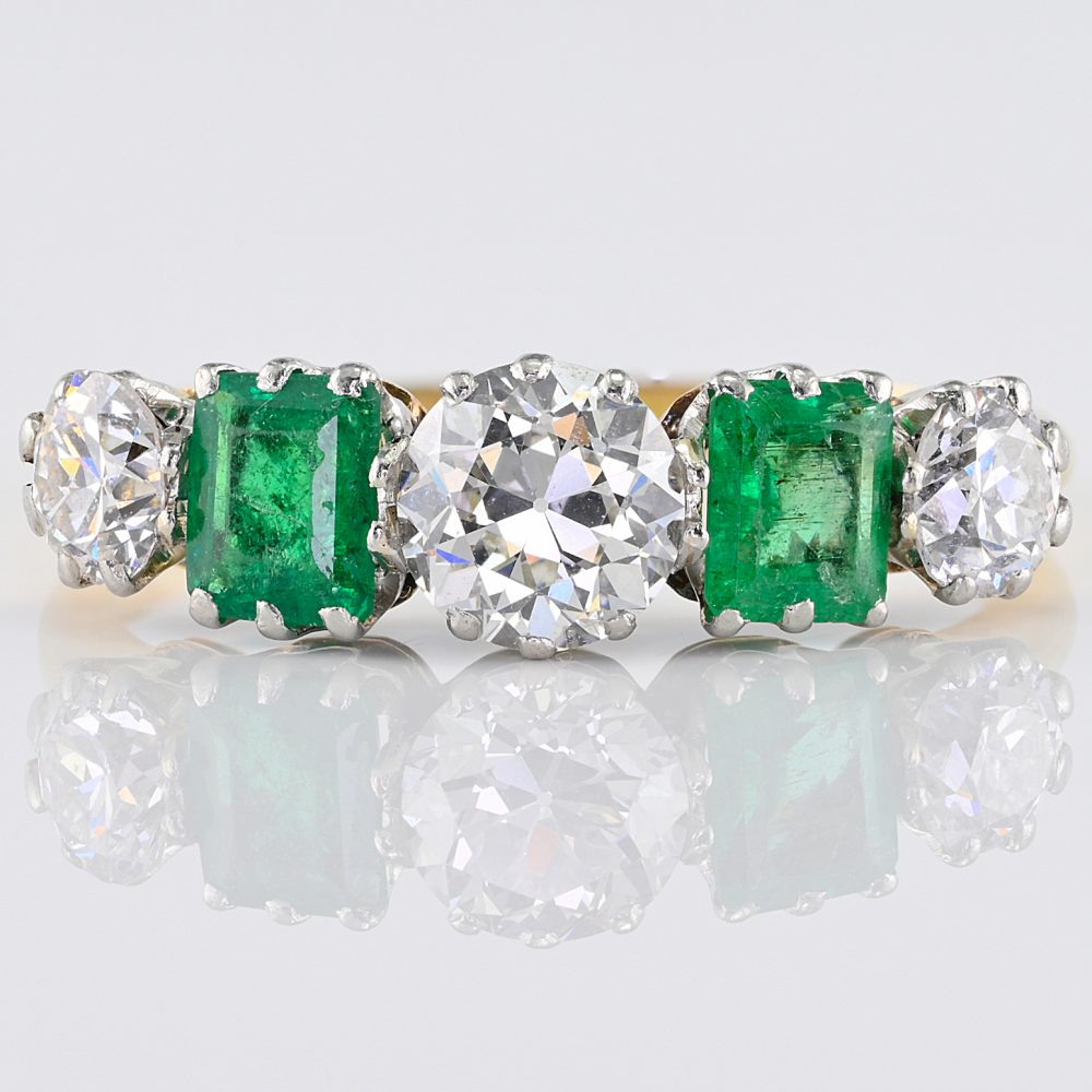 Art Deco Emerald and Old Cut Diamond Five Stone Ring, 1ct diamond 0.80ct emerald