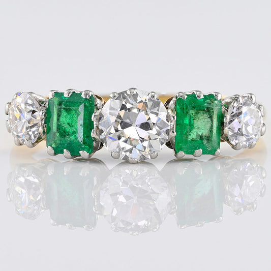 Art Deco Emerald and Old Cut Diamond Five Stone Ring, 1ct diamond 0.80ct emerald