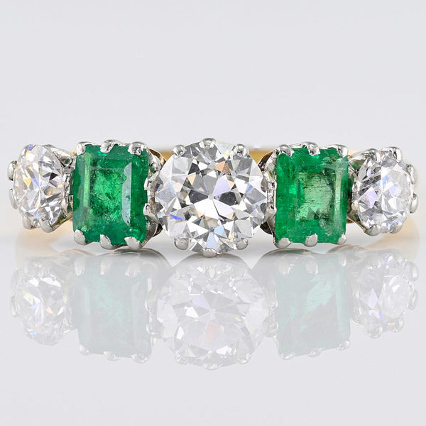 Art Deco Emerald and Old Cut Diamond Five Stone Ring, 1ct diamond 0.80ct emerald