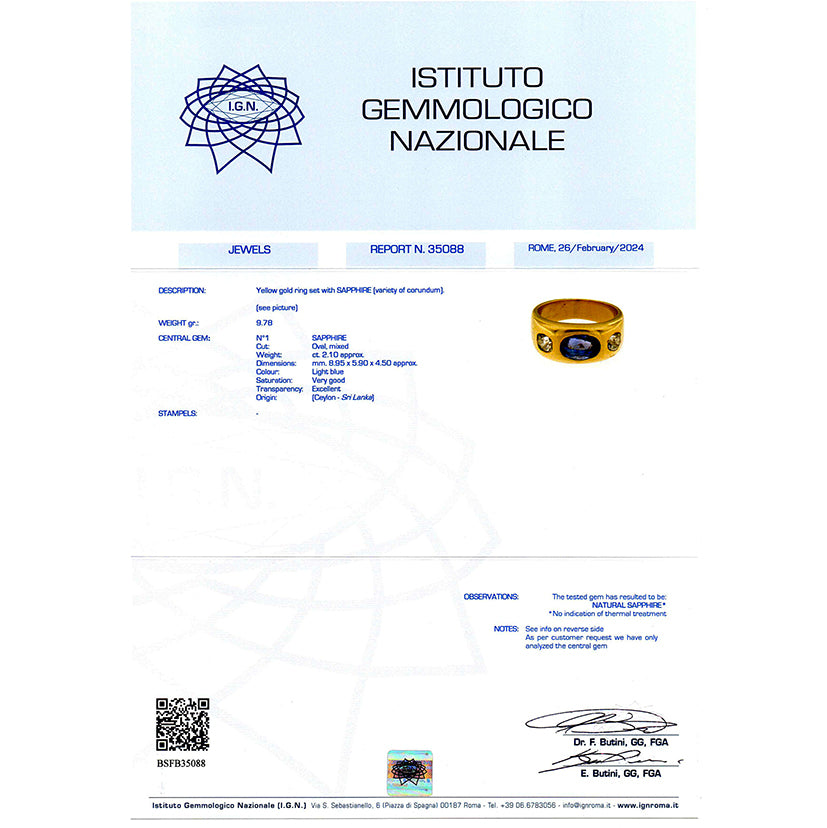 Vintage Certified 2.10ct Ceylon No Heat Sapphire and Diamond Three Stone Gypsy Ring in Chunky 18ct Yellow Gold Band