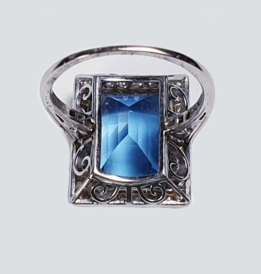 Art Deco 7ct Santa Maria Aquamarine and Diamond Cluster Dress Ring in Platinum