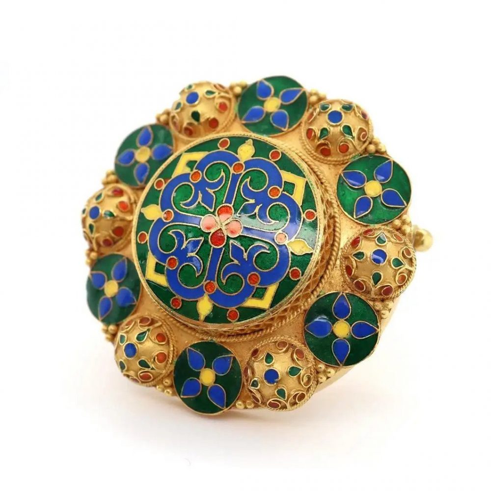 Vintage Lalaounis Enamel and Gold Cross Mandala Brooch