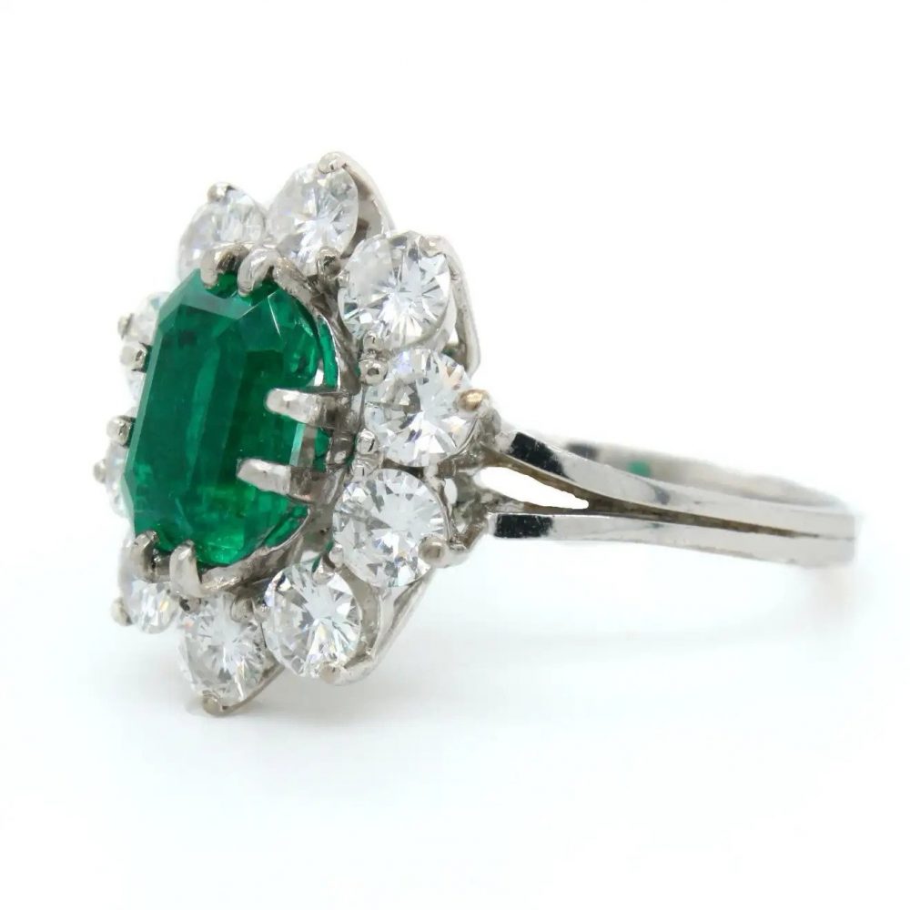 Vintage French 1.88ct Colombian Emerald and Diamond Cluster Ring with Minor Oil