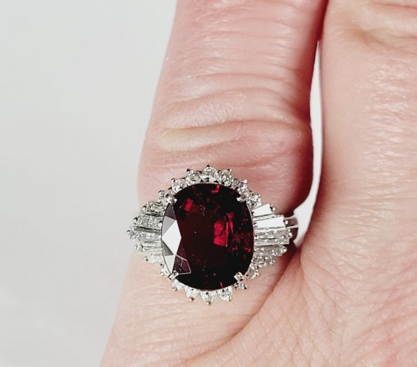 Vintage French 5ct Rubellite and Baguette Diamond Cluster Dress Ring
