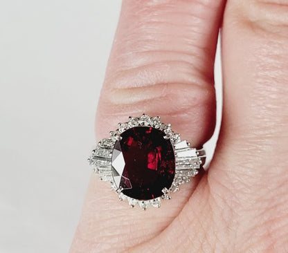 Vintage French 5ct Rubellite and Baguette Diamond Cluster Dress Ring