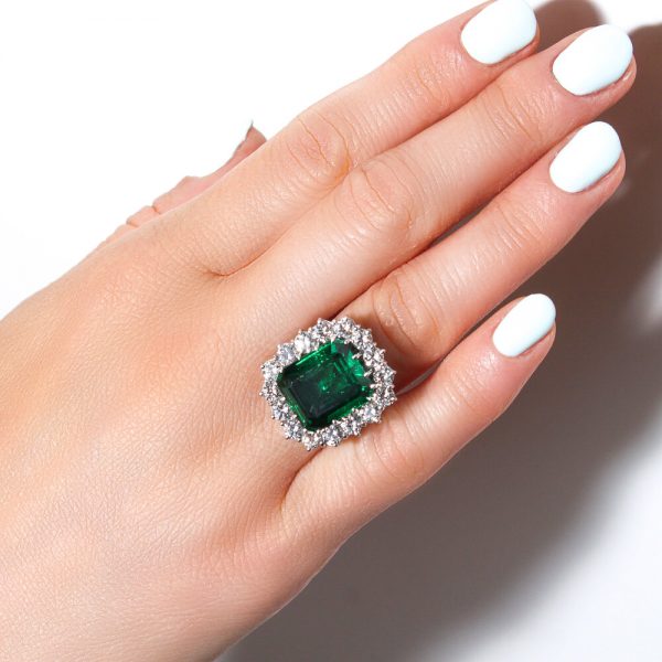 9ct Emerald Cut Natural Green Tourmaline and Diamond Cluster Ring