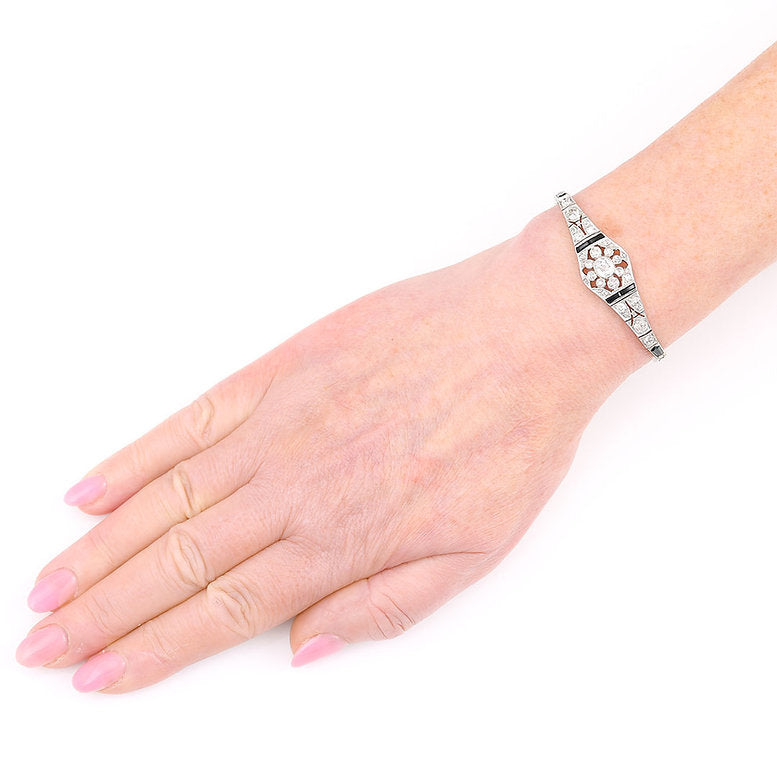 Art Deco 2ct Old Mine Cut Diamond and Onyx Bracelet