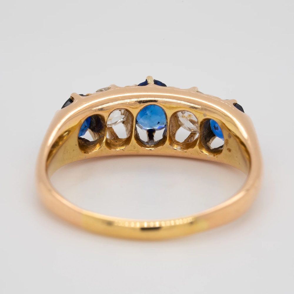 Edwardian Antique 1.50ct Cushion Cut Sapphire and Diamond Five Stone Ring
