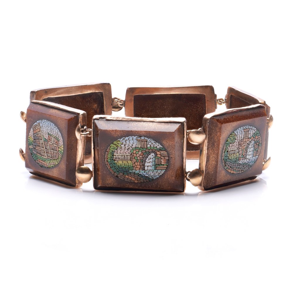 Antique 9ct Yellow Gold Goldstone and Micromosiac Bracelet