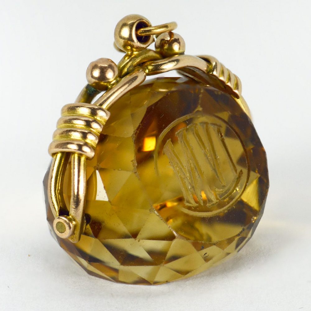 Engraved Citrine and Yellow Gold Spinning Fob Charm Pendant