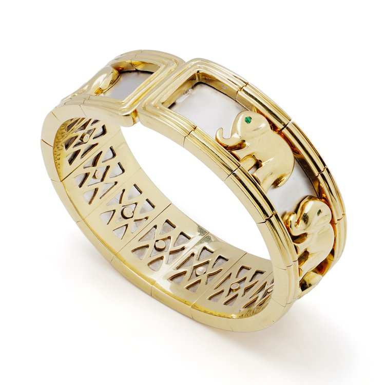 Vintage 18ct Gold Bangle Bracelet with Diamond Set Elephants