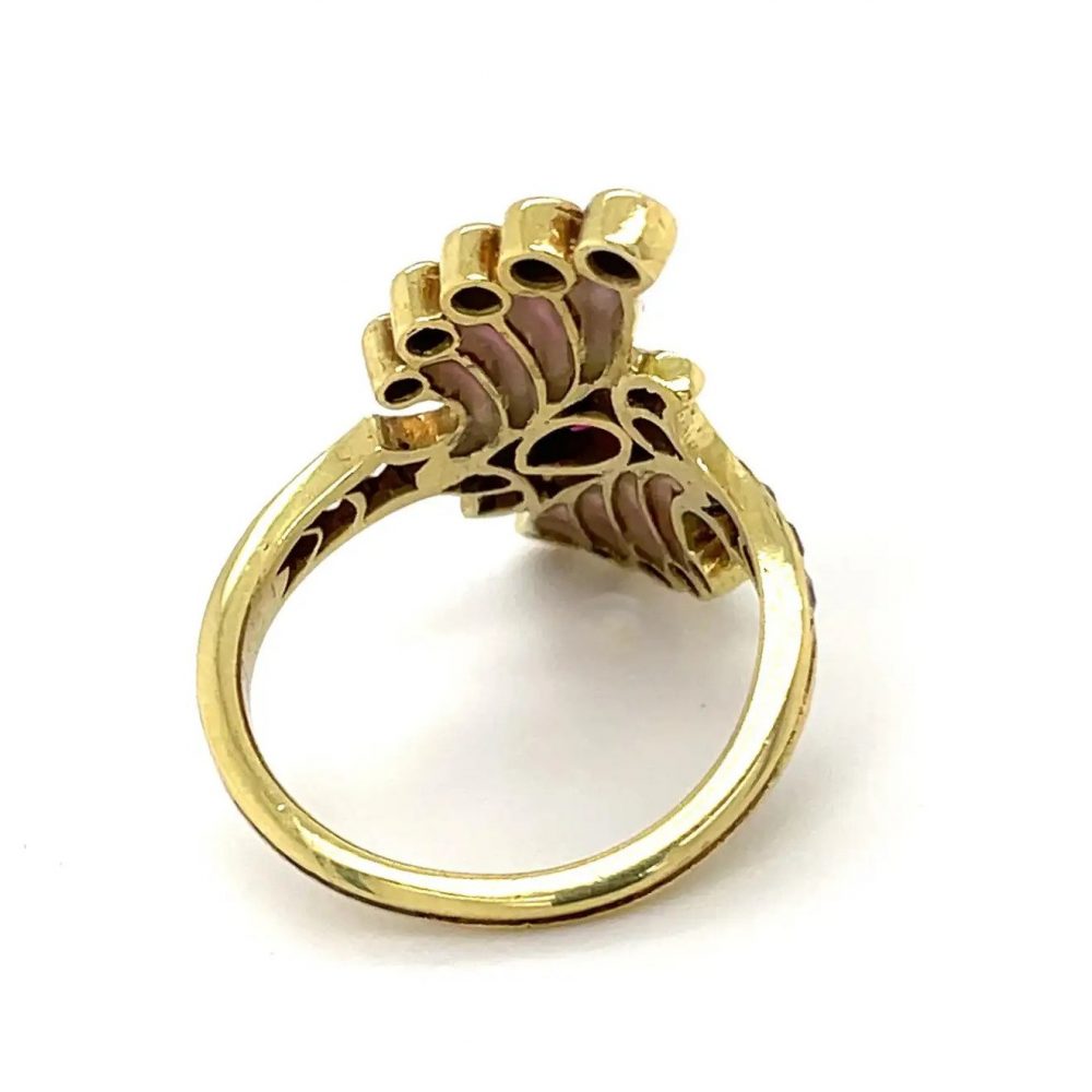 Art Nouveau Pink Plique a Jour Enamel Ruby and Diamond Ring