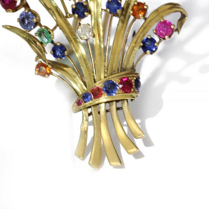 Vintage French Tutti Frutti Multi Gemstone Spray Brooch in 18ct Yellow Gold, Circa 1950-1960s