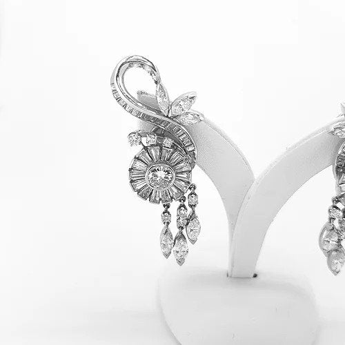 Vintage 1950s Baguette Cut Diamond Platinum Floral Spray Earrings, 6.00 carat total, baguette-cut and round-brilliant cut diamonds in a central floral cluster and surrounding spray and drops