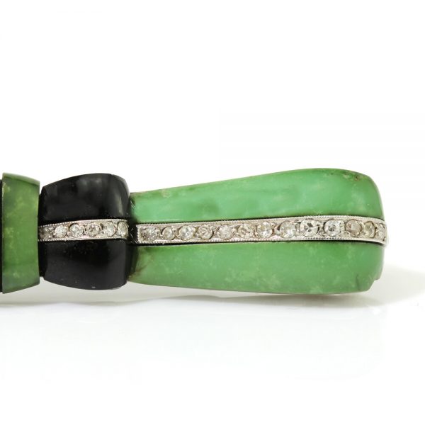 Art Deco Jadeite, Onyx and Old Cut Diamond Bow Brooch in Platinum