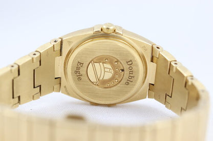 Omega Constellation Double Eagle 18ct Yellow Gold Ladies 25mm Quartz Watch, 11897500, diamond bezel and hour markers, mother of pearl dial, 18ct Gold bracelet strap with a double-fold hidden clasp, original Omega box and papers.
