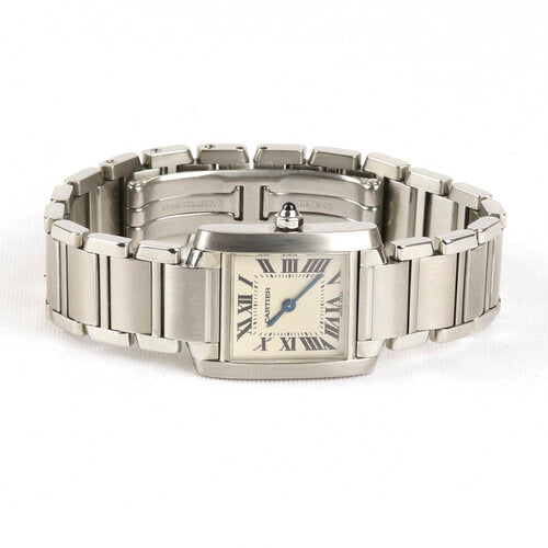 Cartier Tank Française Ladies 2384 Small Size Stainless Steel 20mm Quartz Watch, on a Cartier stainless steel bracelet with a hidden double deployant clasp.