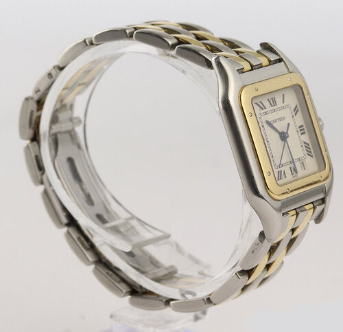 Cartier Panthere Midsize Steel and Gold Quartz 27mm Watch, Ref 1100, white dial, Roman numerals, blue steel hands, quick-set date indicator, sapphire crystal, sapphire cabochon crown, steel and gold bracelet, with Cartier papers