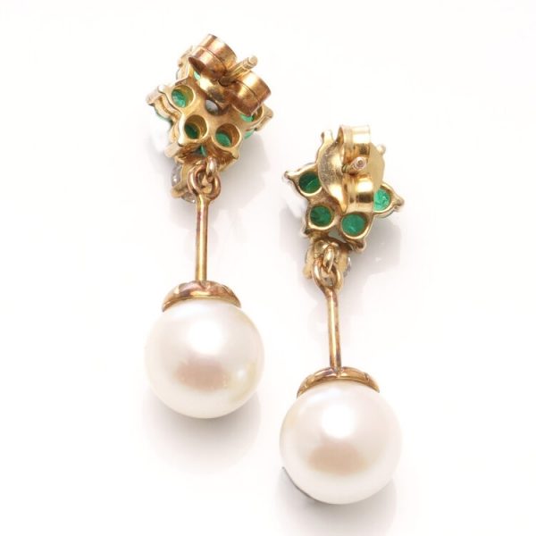 Antique Freshwater Pearl Drop Earrings with Diamonds and Emeralds