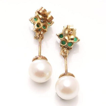 Antique Freshwater Pearl Drop Earrings with Diamonds and Emeralds