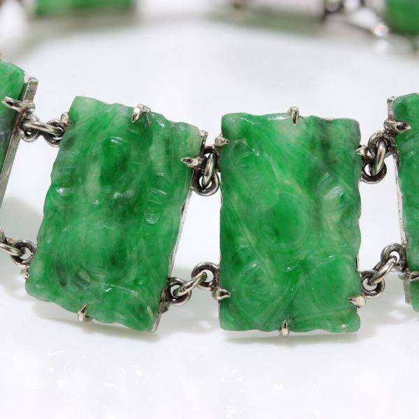 Vintage Carved Jadeite Jade Panel Bracelet in White Gold, Circa 1970s