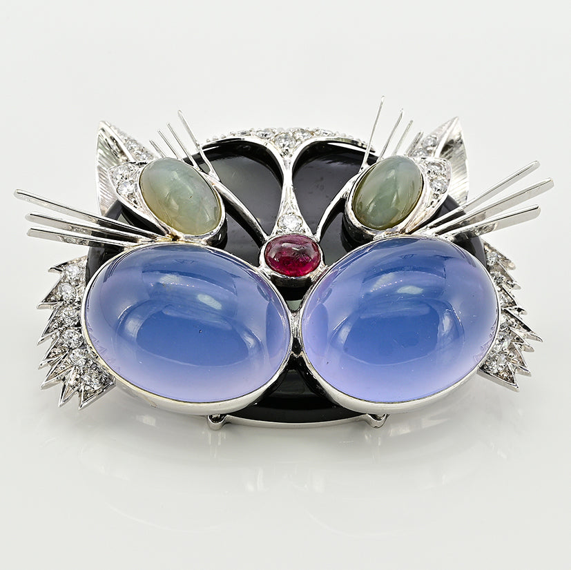 Vintage Italian Multi Gemstone Cat Brooch, with Blue Moonstone Chrysoberyl Ruby and Diamonds