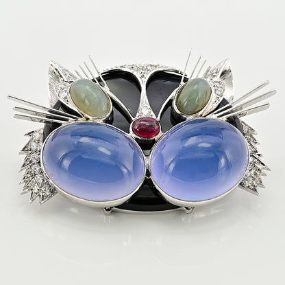 Vintage Italian Multi Gemstone Cat Brooch, with Blue Moonstone Chrysoberyl Ruby and Diamonds
