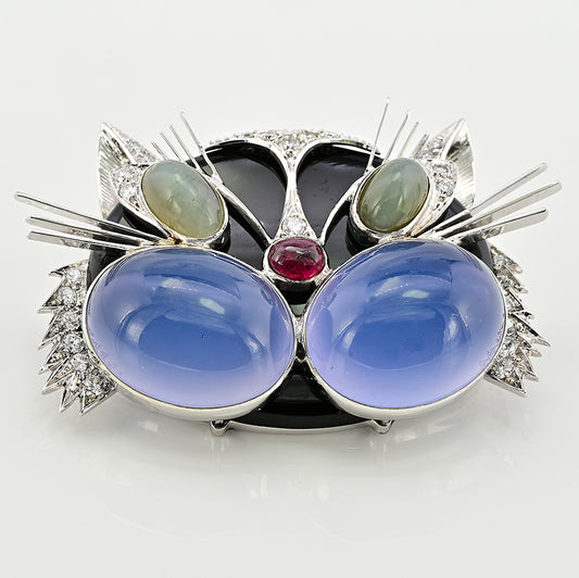 Vintage Italian Multi Gemstone Cat Brooch, with Blue Moonstone Chrysoberyl Ruby and Diamonds
