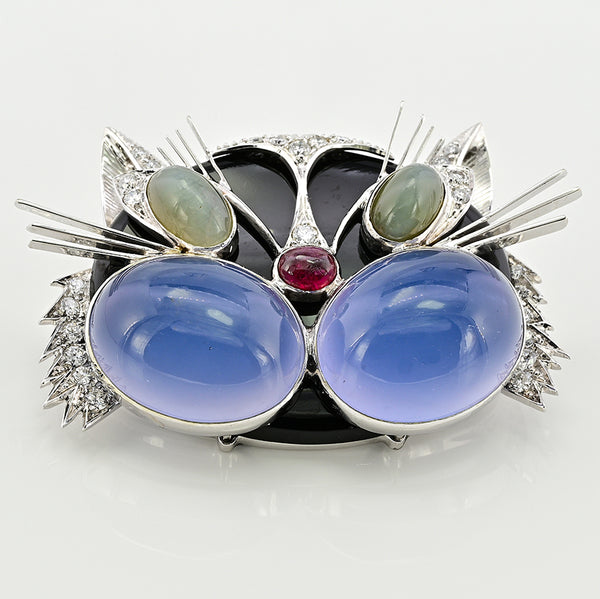 Vintage Italian Multi Gemstone Cat Brooch, with Blue Moonstone Chrysoberyl Ruby and Diamonds