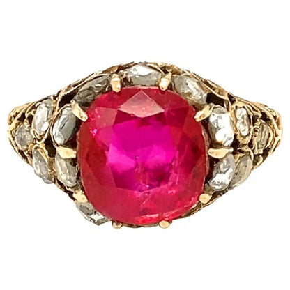 Antique Georgian Certified Natural Unheated 3.34ct Burma Ruby and Old Cut Diamond Ring