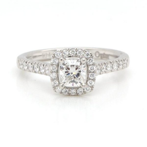 Cushion Cut Diamond Cluster Ring in Platinum; stunning 0.53ct cushion cut diamond set within a surround of brilliant cut diamonds, diamond-set shoulders, GIA certificate