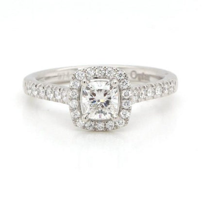 Cushion Cut Diamond Cluster Ring in Platinum; stunning 0.53ct cushion cut diamond set within a surround of brilliant cut diamonds, diamond-set shoulders, GIA certificate