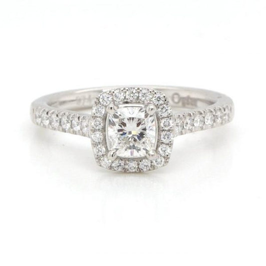 Cushion Cut Diamond Cluster Ring in Platinum; stunning 0.53ct cushion cut diamond set within a surround of brilliant cut diamonds, diamond-set shoulders, GIA certificate