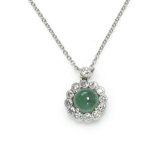 1.30ct Cabochon Emerald and Diamond Cluster Pendant