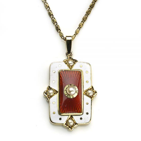 Antique Edwardian Murrle Bennett & Co. Enamel & Seed Pearl Pendant