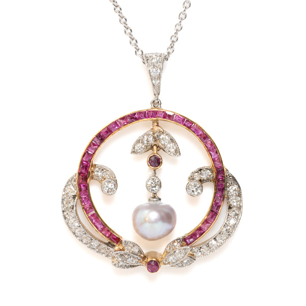 Edwardian Antique Pearl Ruby and Diamond Pendant