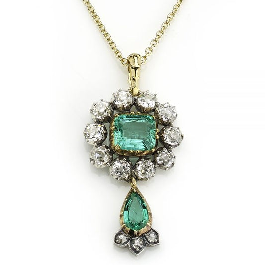 Antique Victorian Emerald and Diamond Cluster Drop Pendant Jewellery Discovery London
