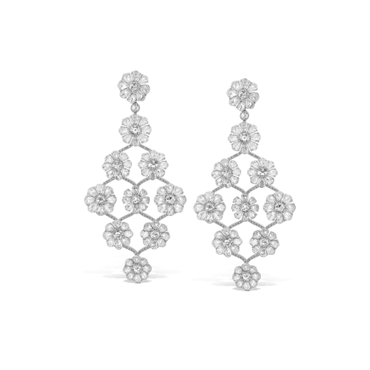 Rose Cut Diamond Floral Cluster Drop Earrings; featuring 11.52 carats of round and pear-shaped rose-cut diamonds accented with 247 round brilliant-cut diamonds, all choreographed into an orchid of cascading roses